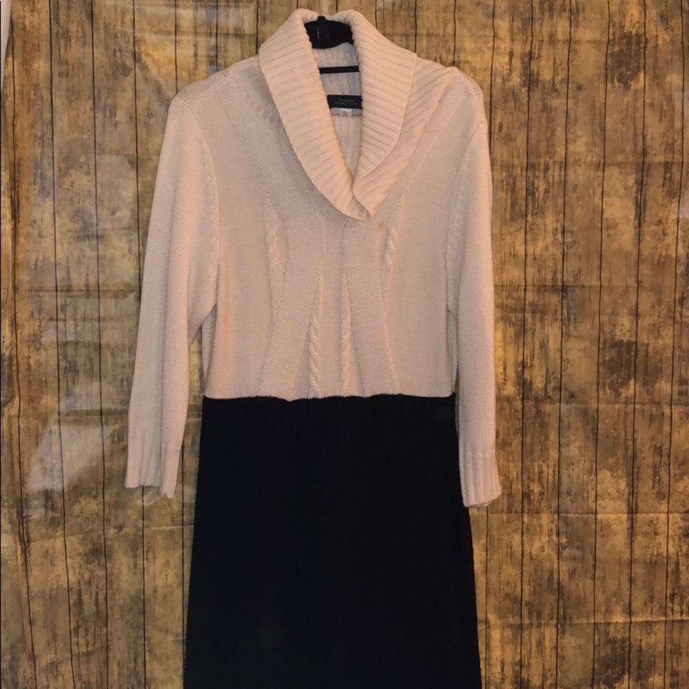 Tahari ivory abs black cowl neck sweater dress